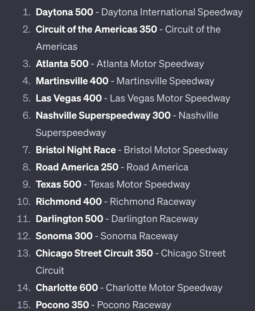 Darian Gilliam On X 2025 NASCAR Cup Series Schedule According To ChatGPT Https t co 2uLICBvSHW X