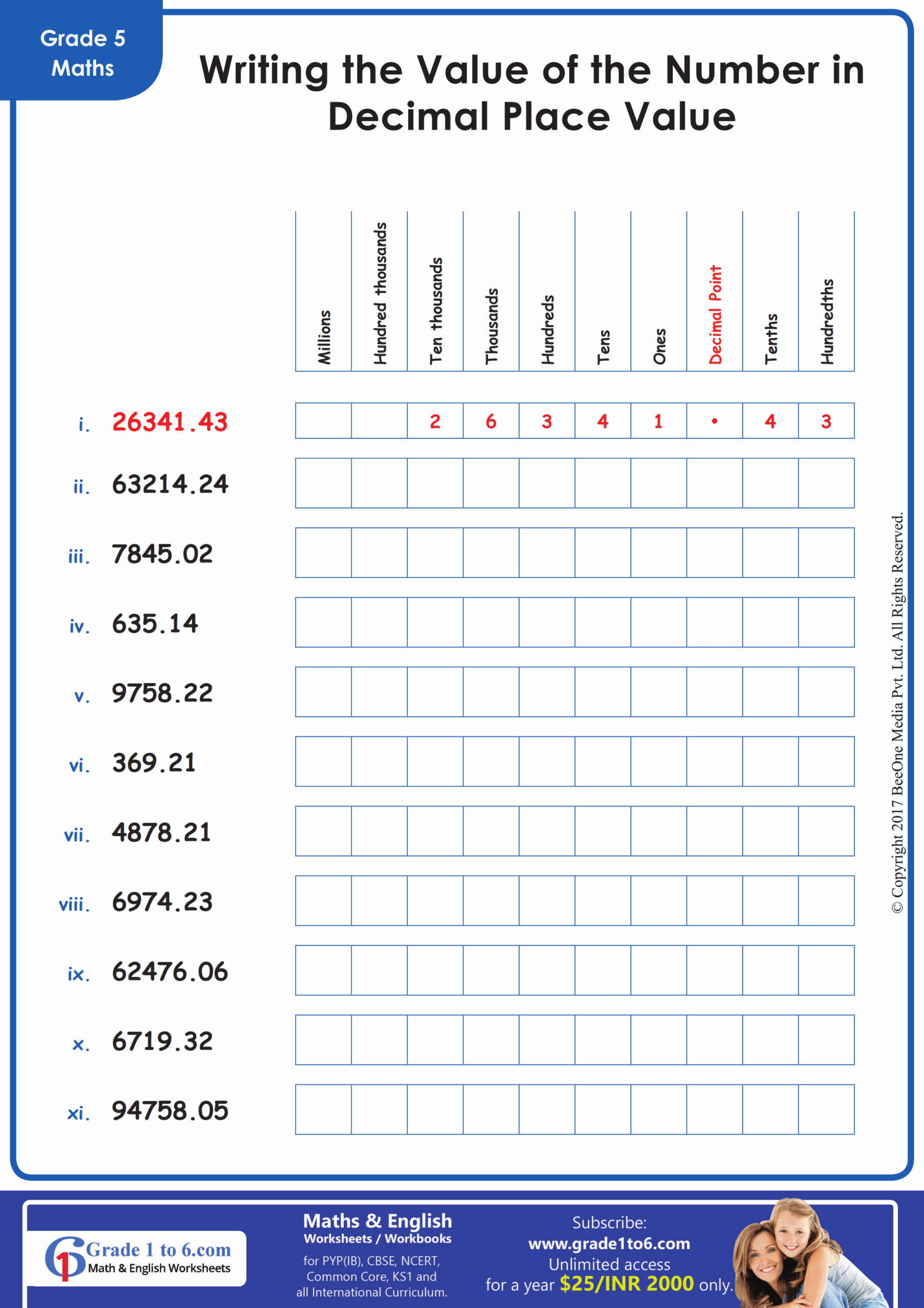 Decimal Place Value Worksheets Grade1to6 Decimal Place Value Worksheets Grade1to6