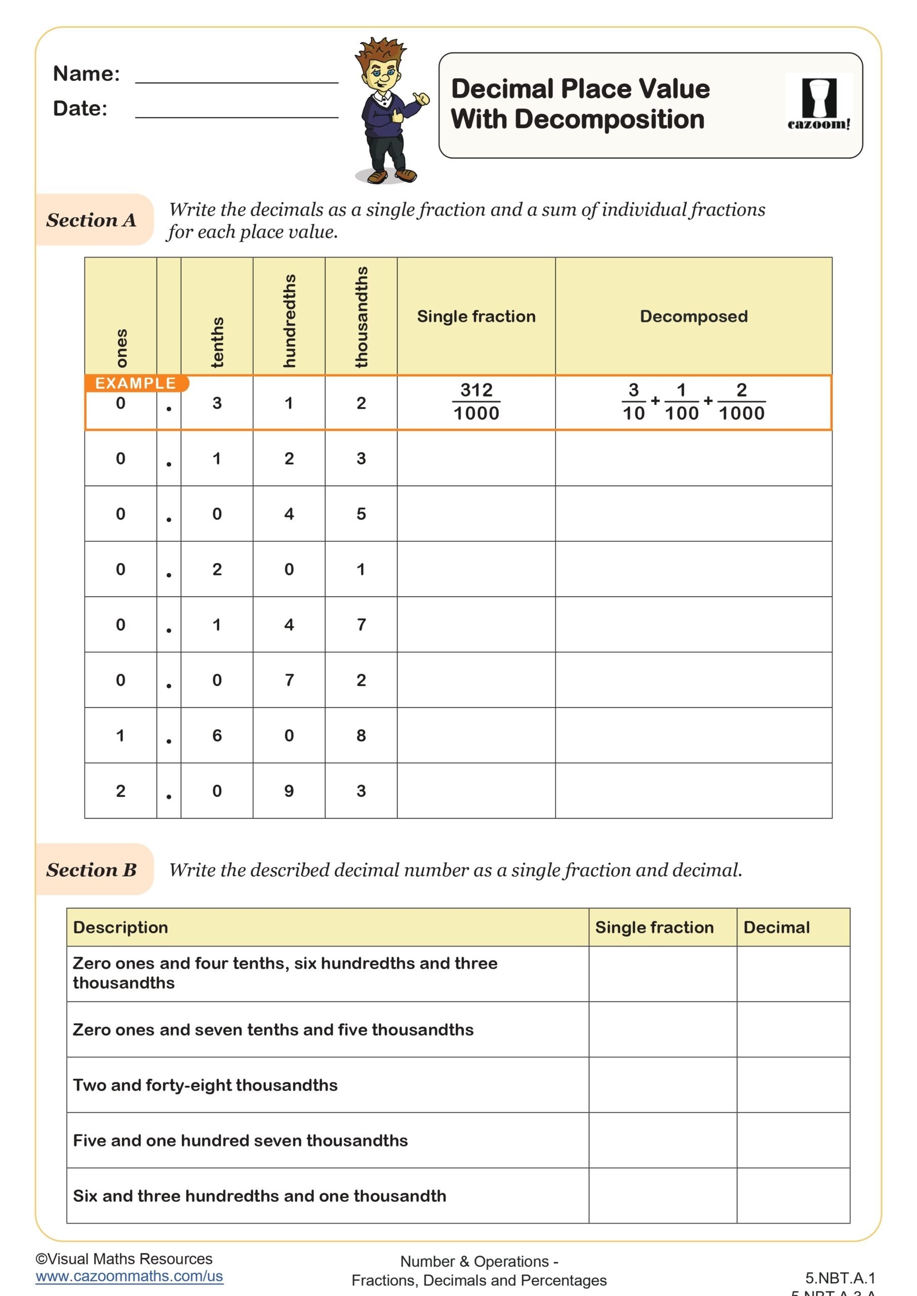 Decimal Place With Decomposition Worksheet Fun And Engaging 5th Grade Number Operations Worksheet