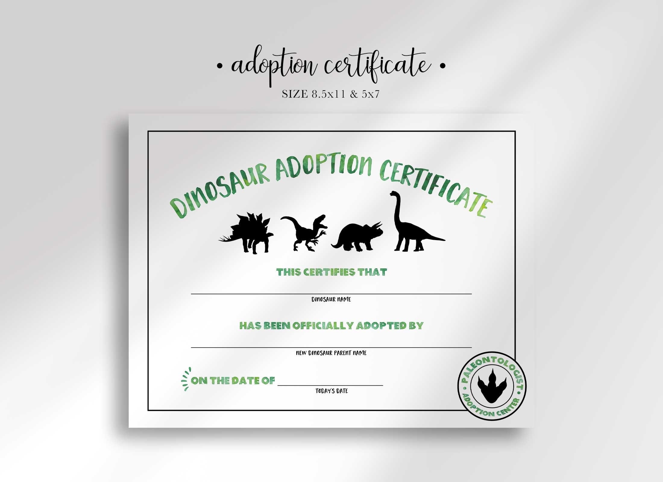 Dinosaur Birthday Adoption Certificate Digital Download Printable DIY Etsy
