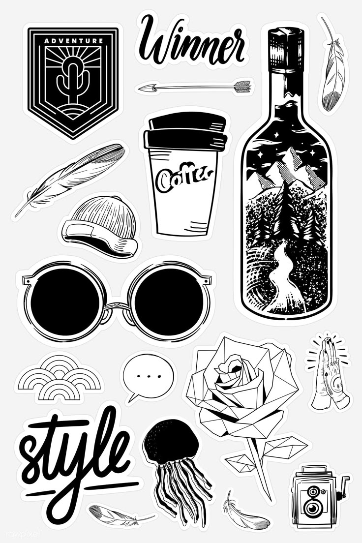 Download Premium Vector Of Set Of Black And White Sticker Doodle Vector By Sasi About Coffee Sticker Adventure Journal Sticker And Camera 2034587