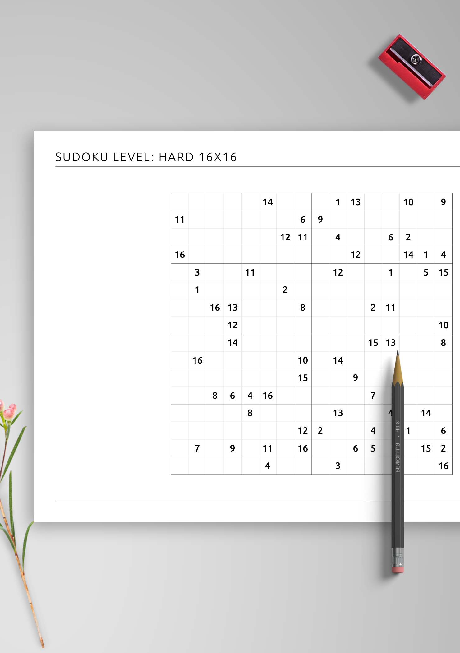 Download Printable 16x16 Hard Sudoku Horizontal PDF