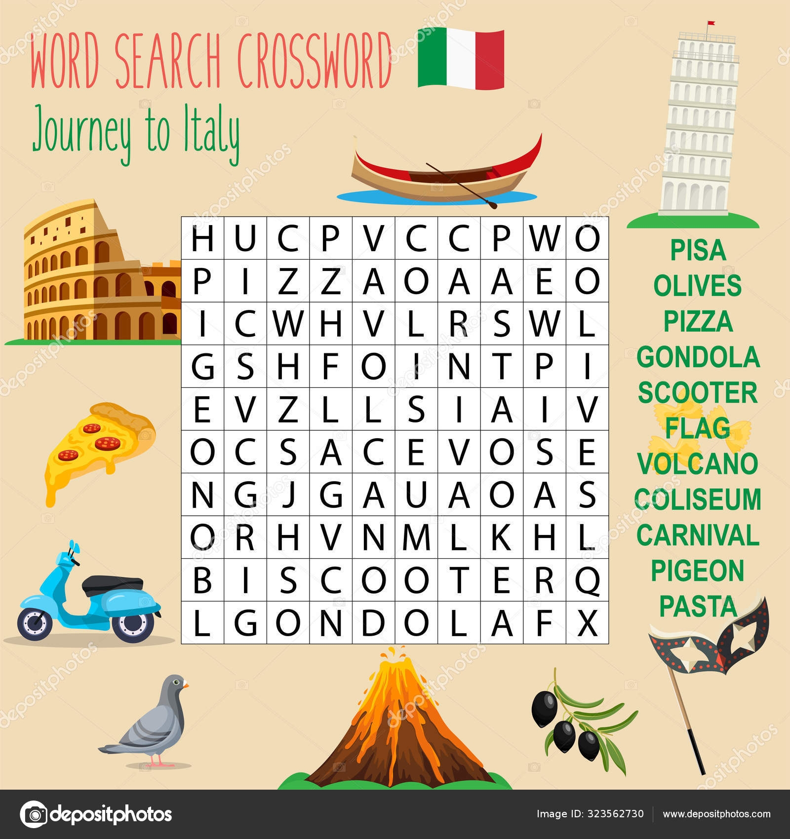 Easy Word Search Crossword Puzzle Journey Italy Children Elementary Middle Stock Vector By yekaterinalim 323562730