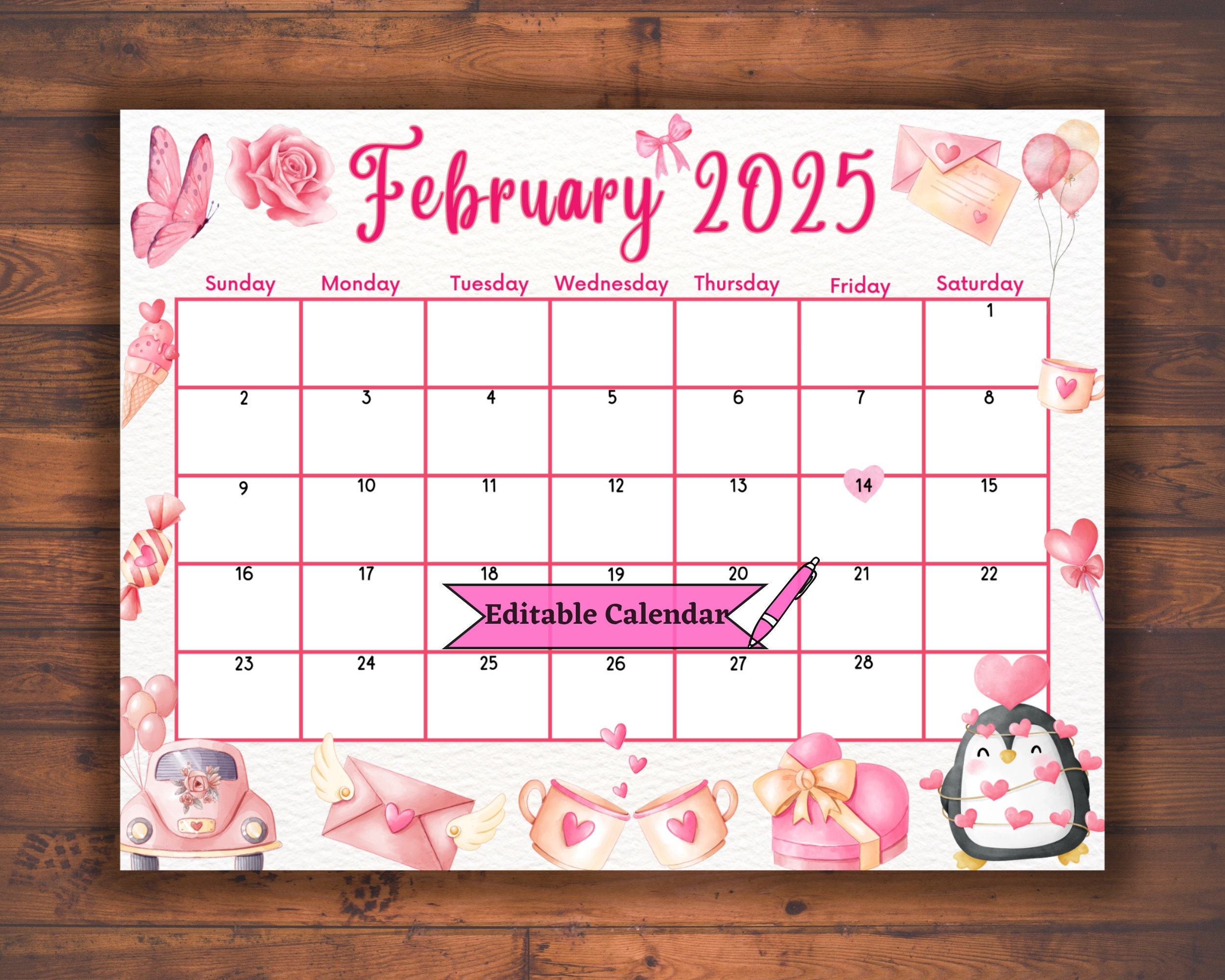Editable Fillable February 2025 Calendar For Valentine s Day Digital Printable Winter Planner Cute Design Lovely Gifts For Kids Family Etsy