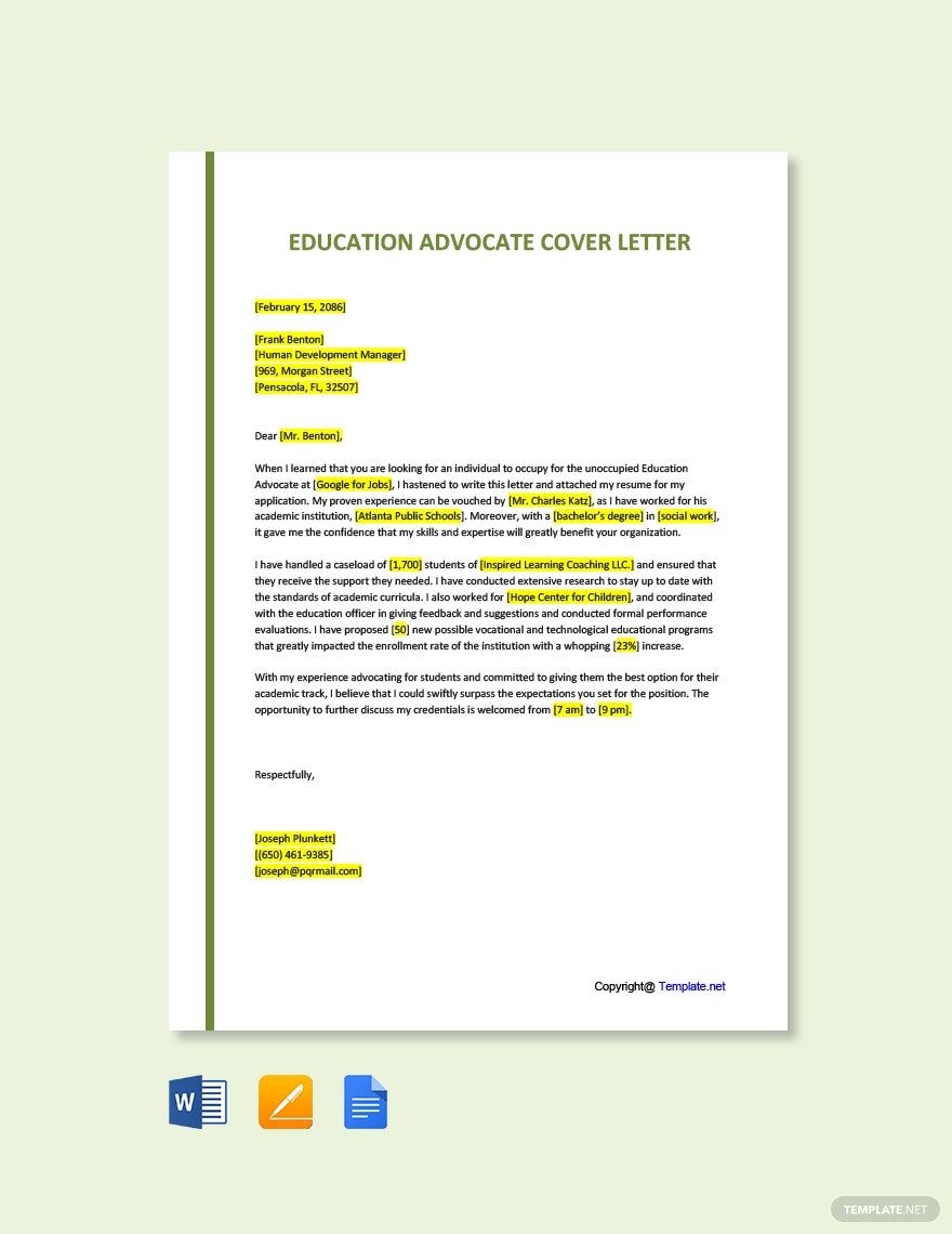 Education Advocate Cover Letter In Google Docs Word Pages PDF Download Template