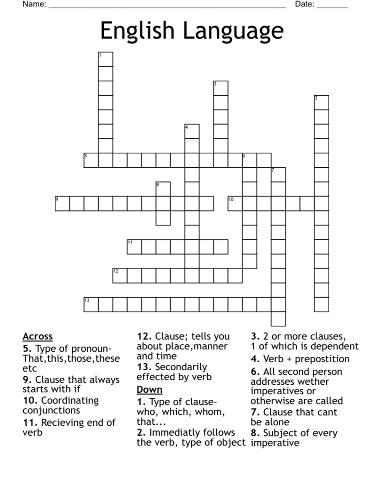 English Language Crossword WordMint