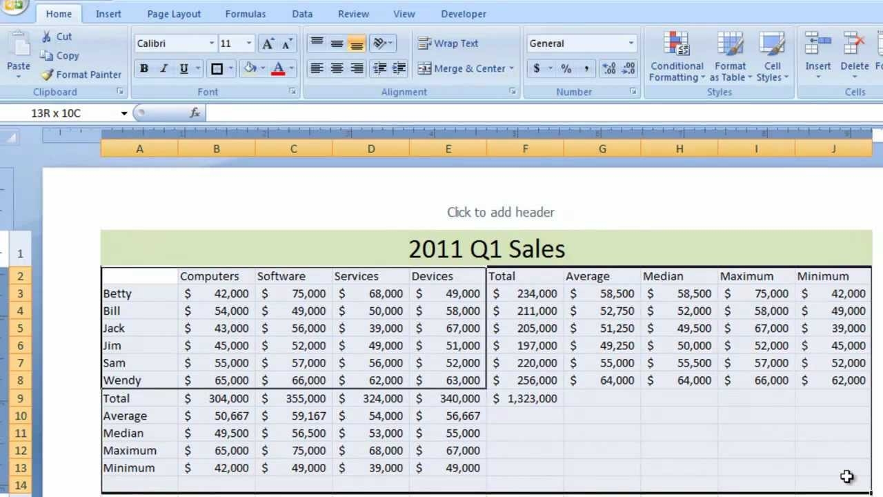 Excel 2007 Tutorial 5 Function Worksheet Example Sum Total Minimum Maximum Average Median YouTube