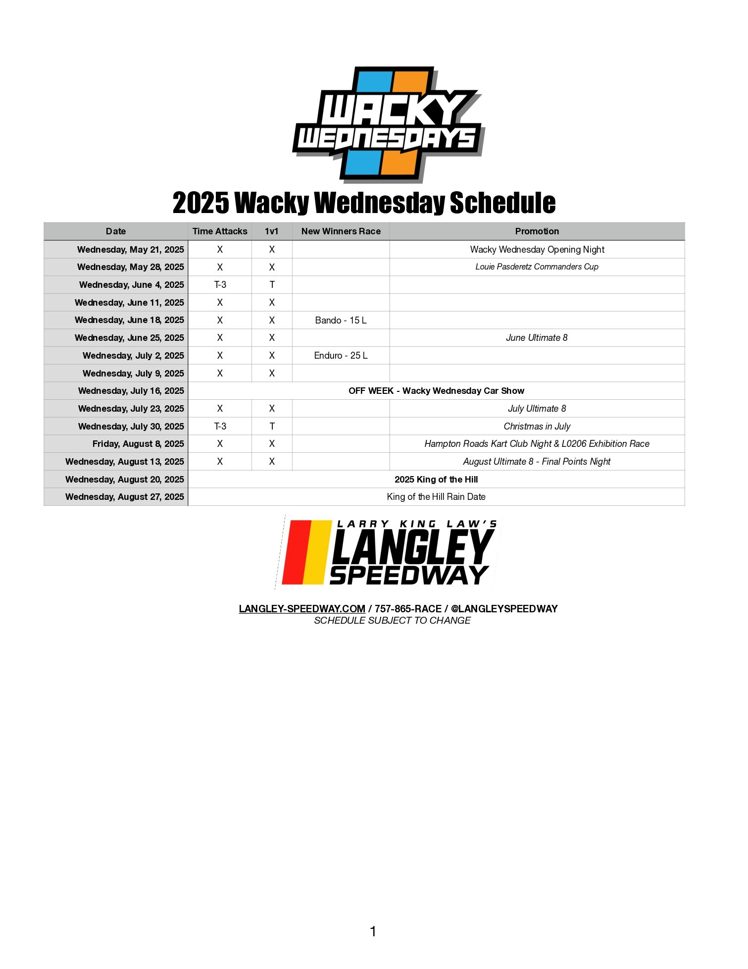 Exciting Racing Season Returns With The 2025 Wacky Wednesday Schedule Larry King Law s Langley Speedway