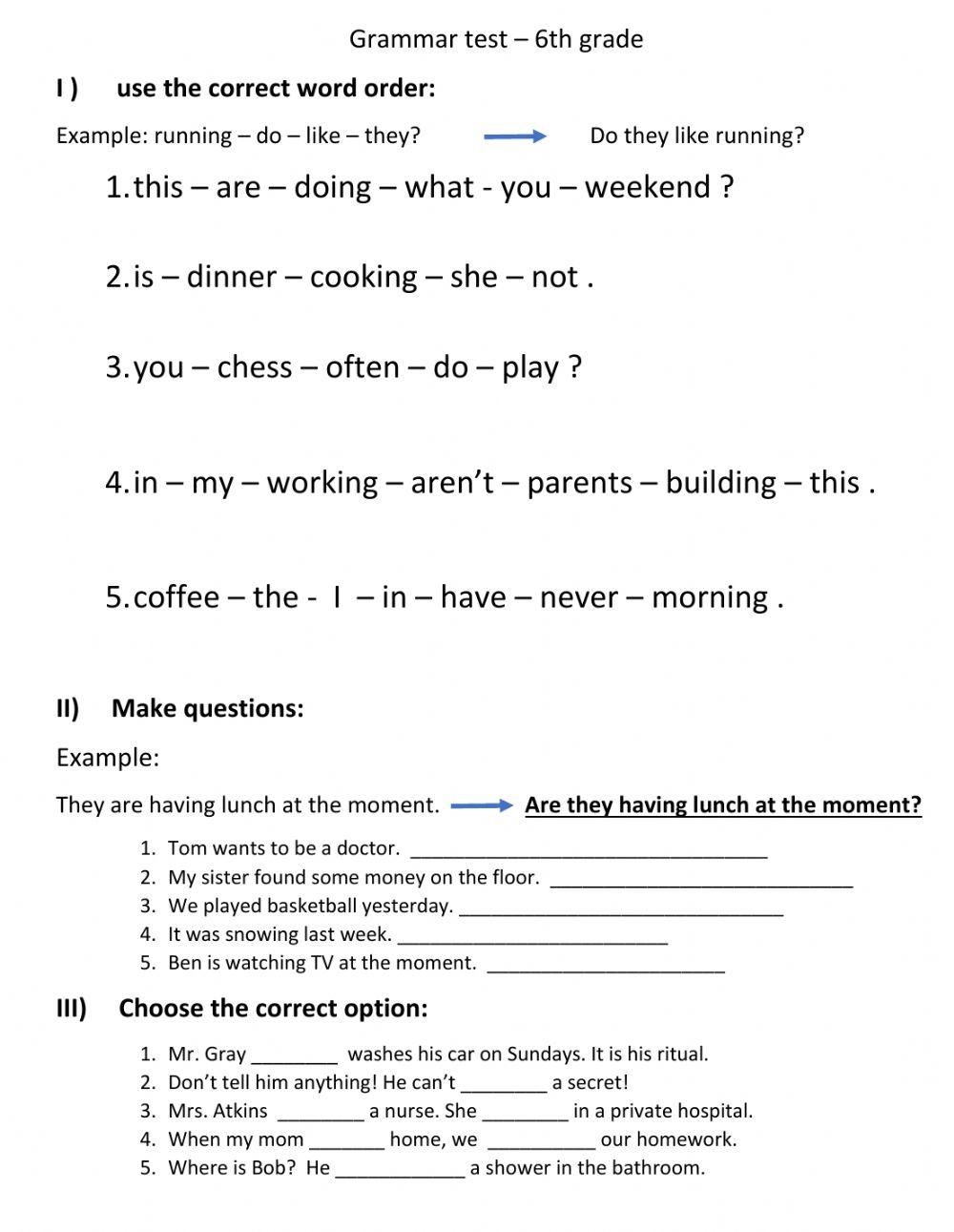 6th grade grammar worksheets