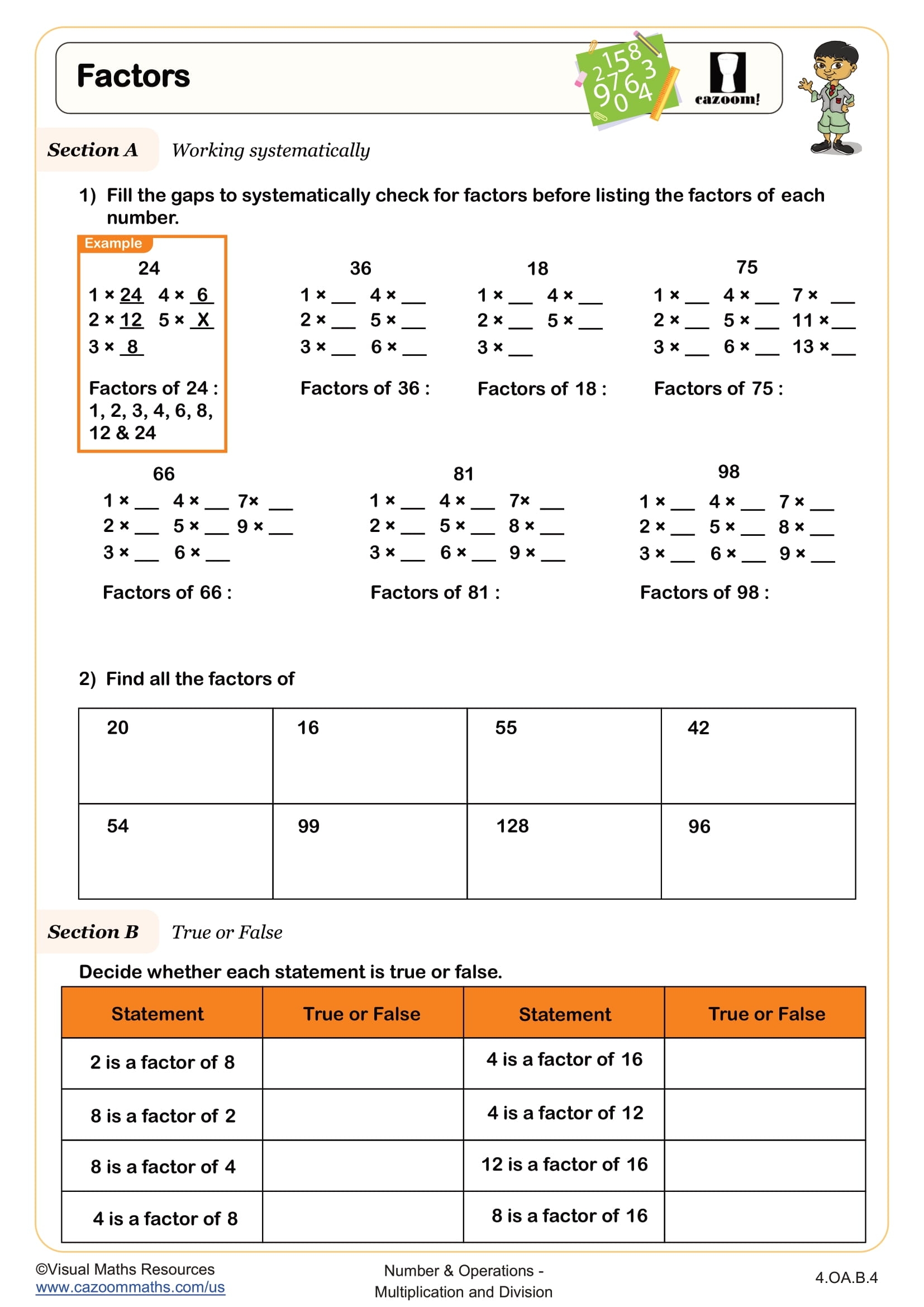 Factors Worksheet Fun And Engaging 4th Grade Number And Operations Worksheet