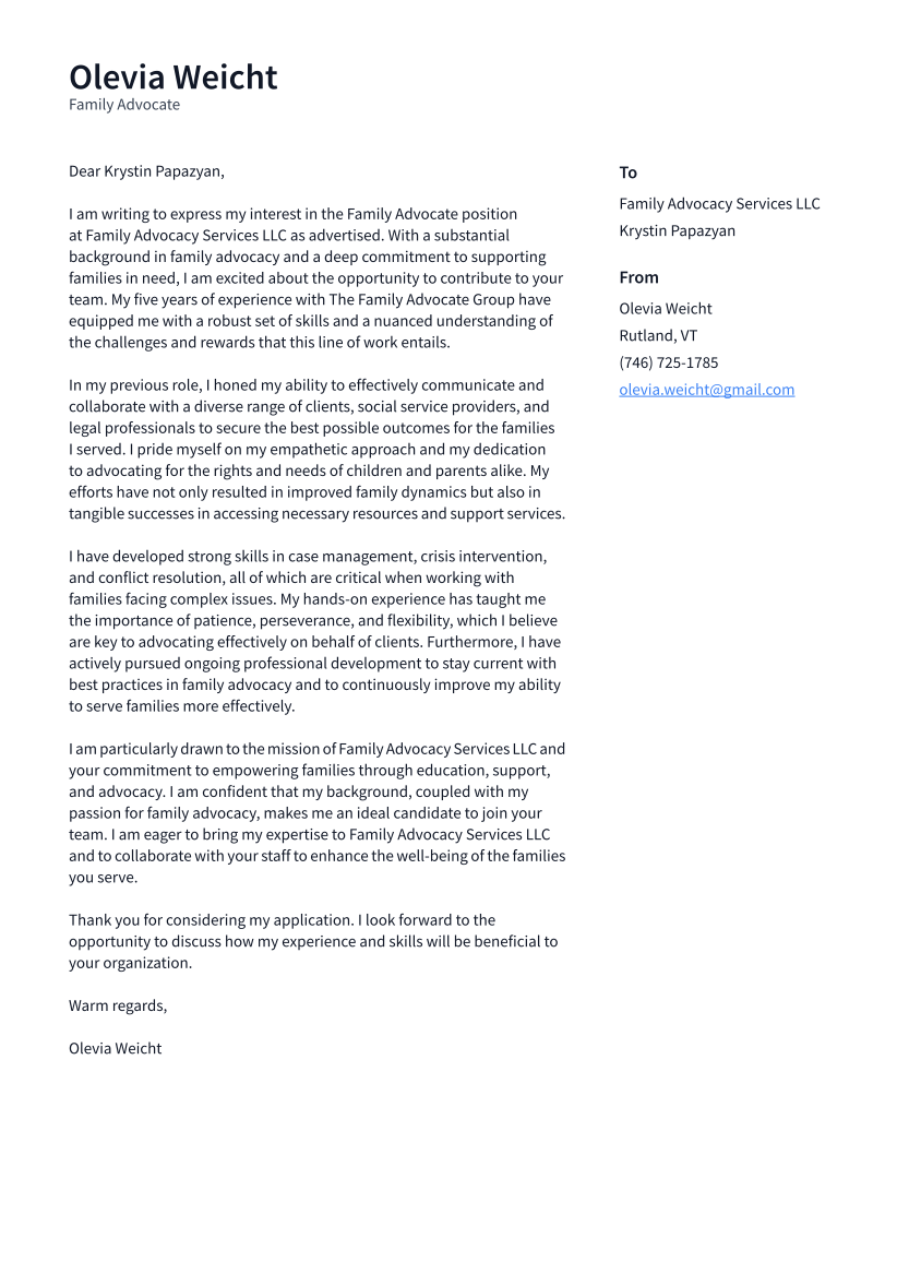 Family Advocate Cover Letter Examples And Templates