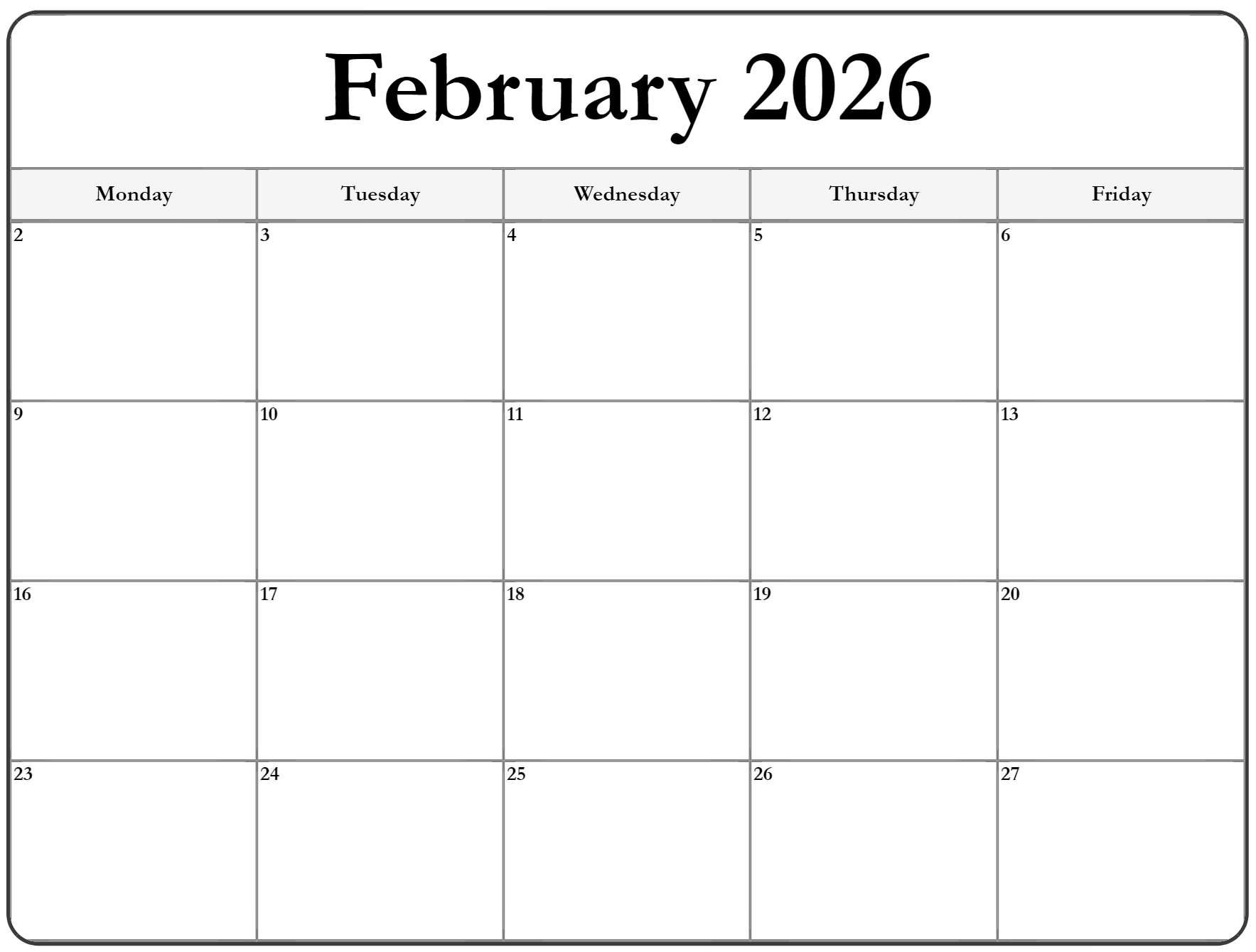 February 2026 Monday Calendar Monday To Sunday