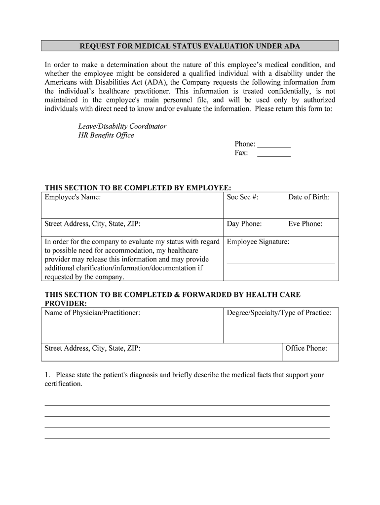 Fill And Sign The Request For Medical Status Evaluation Under Ada Form