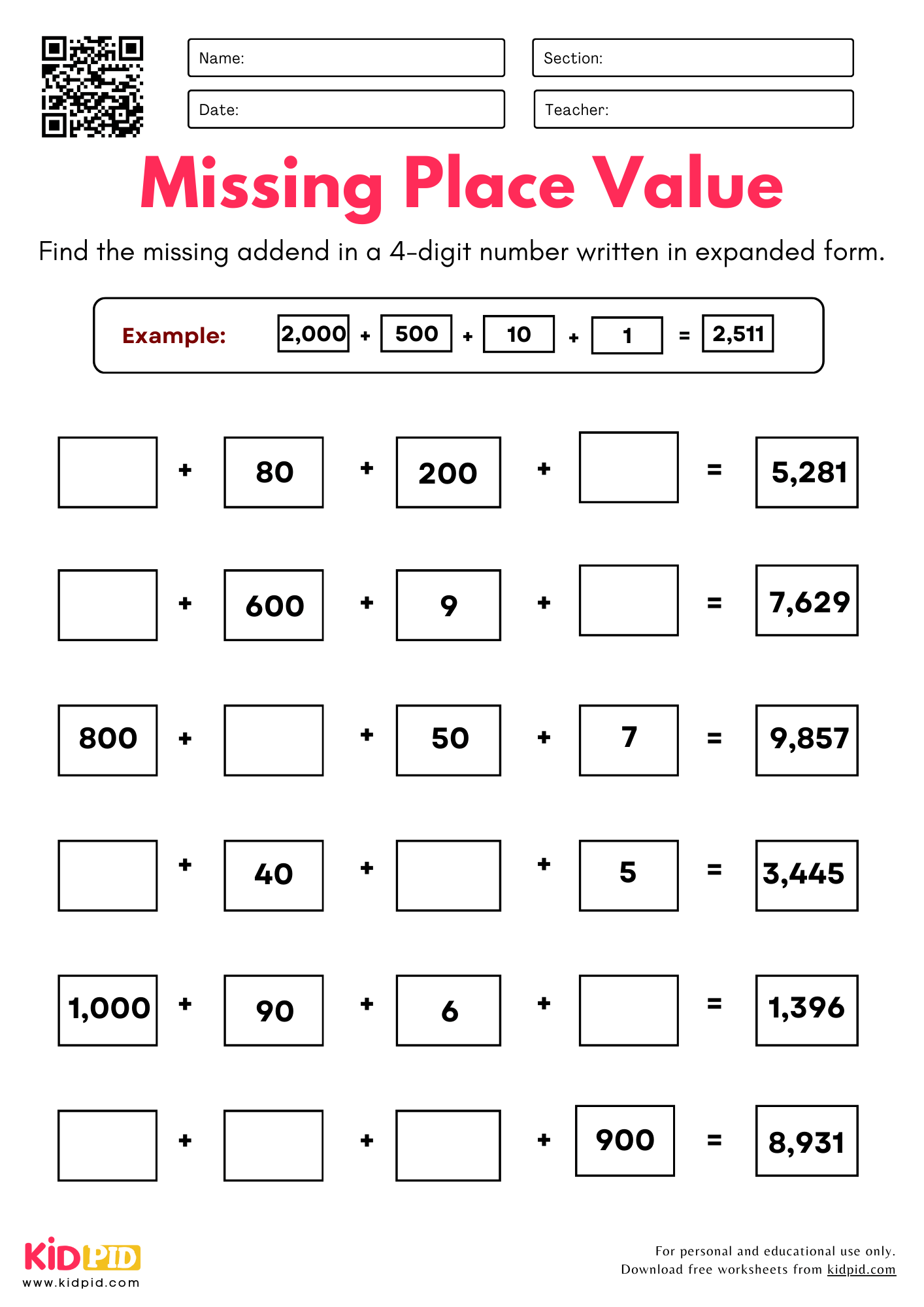 Find Missing Place Value 4 digits Worksheets For Grade 4 Kidpid
