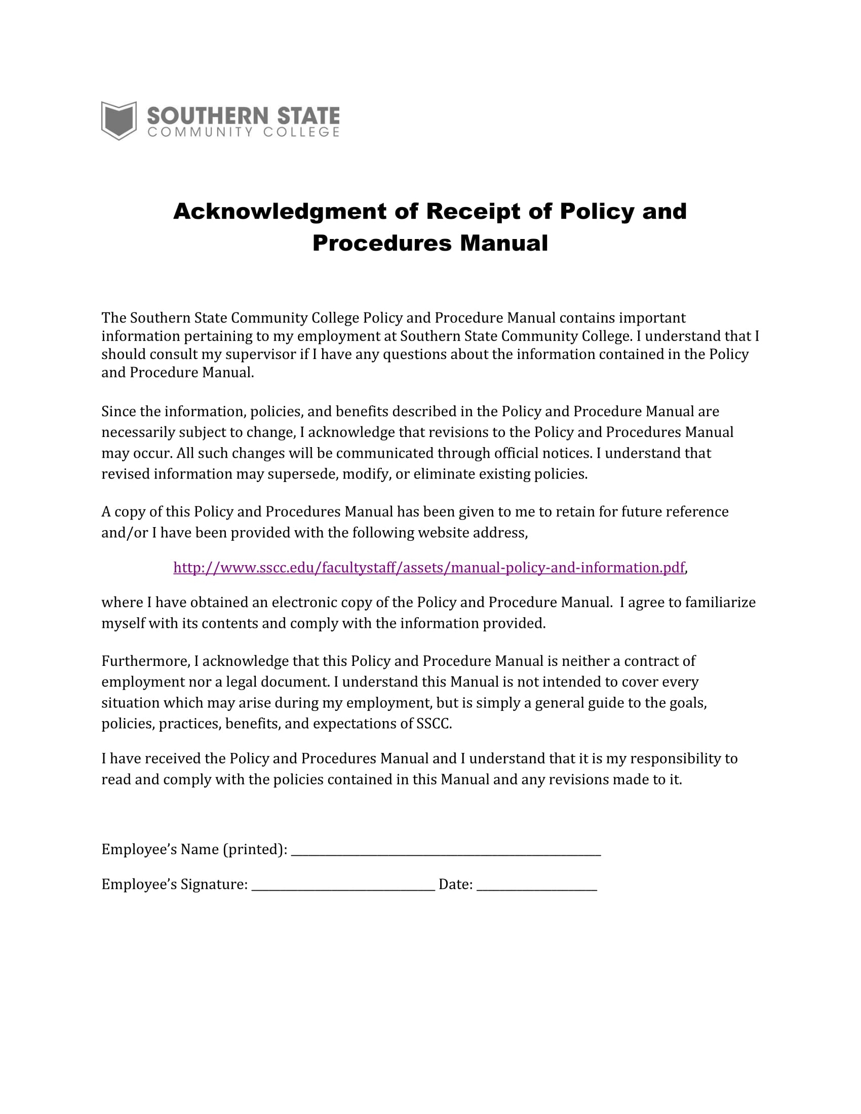 acknowledgement of receipt of employee handbook template