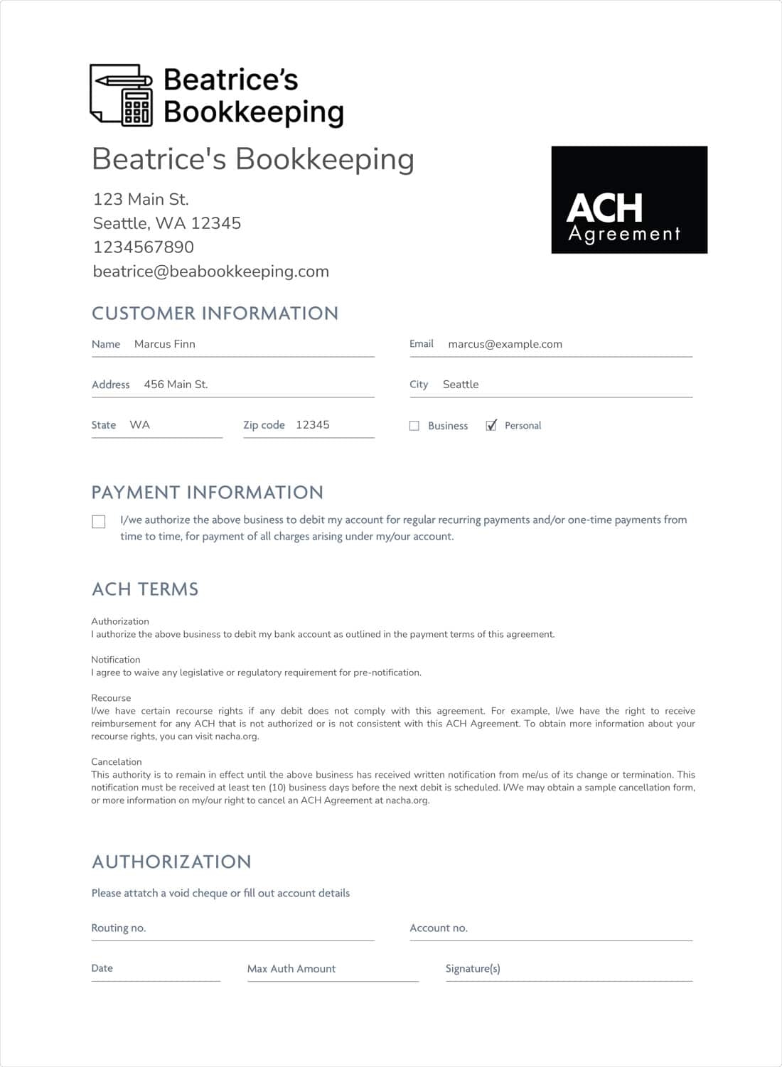 ach instructions template