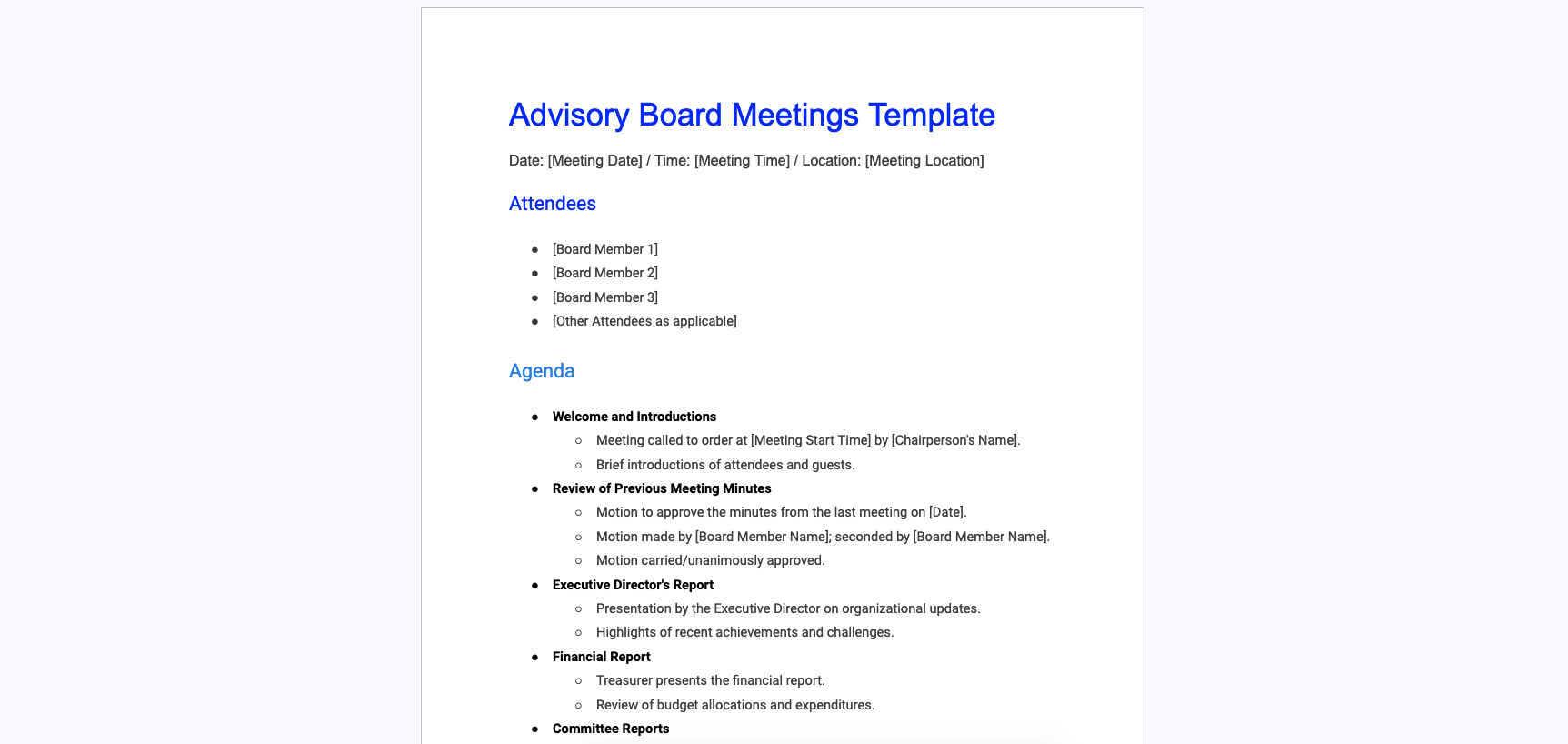 Free Advisory Board Meetings Template