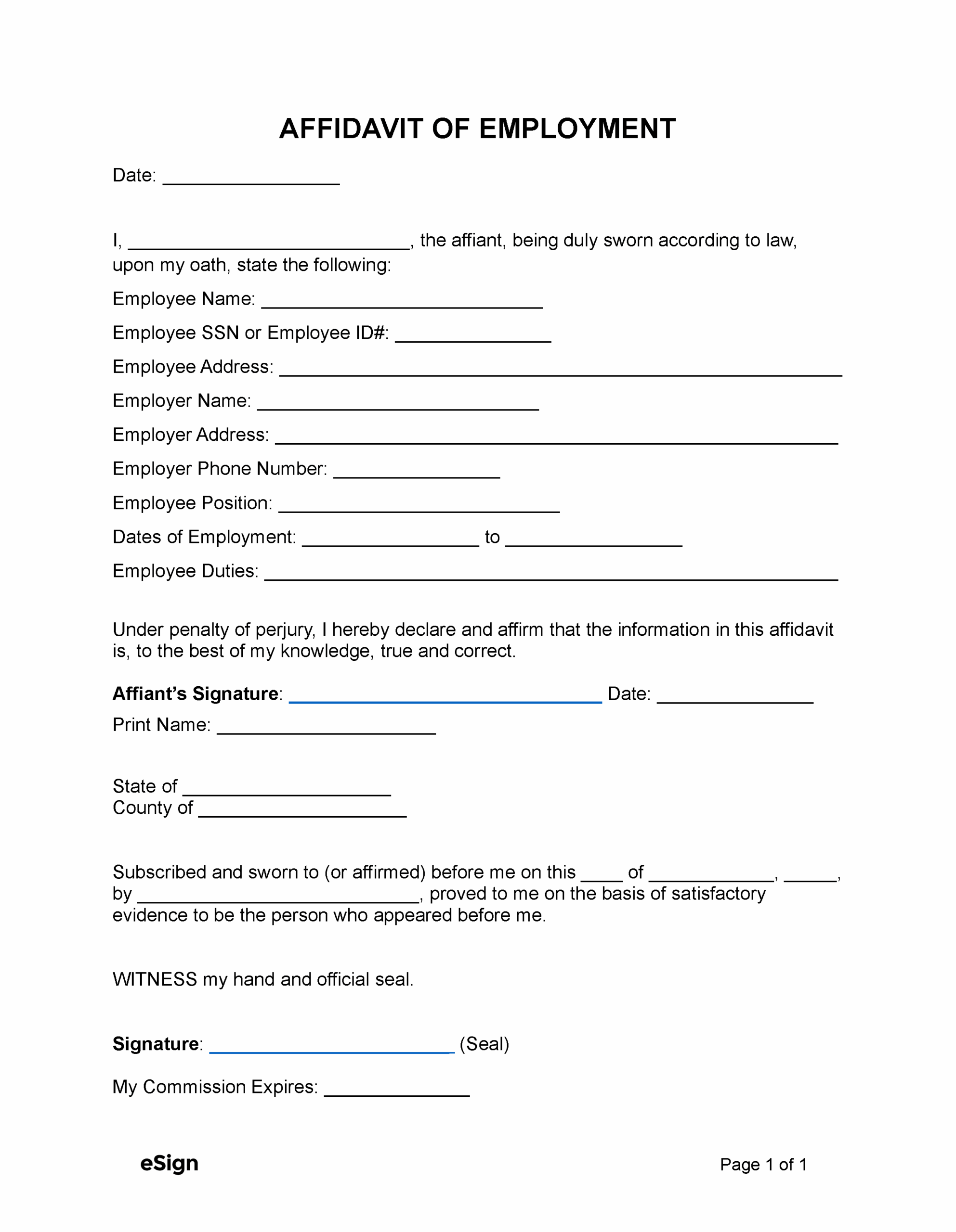 Free Affidavit Of Employment PDF Word