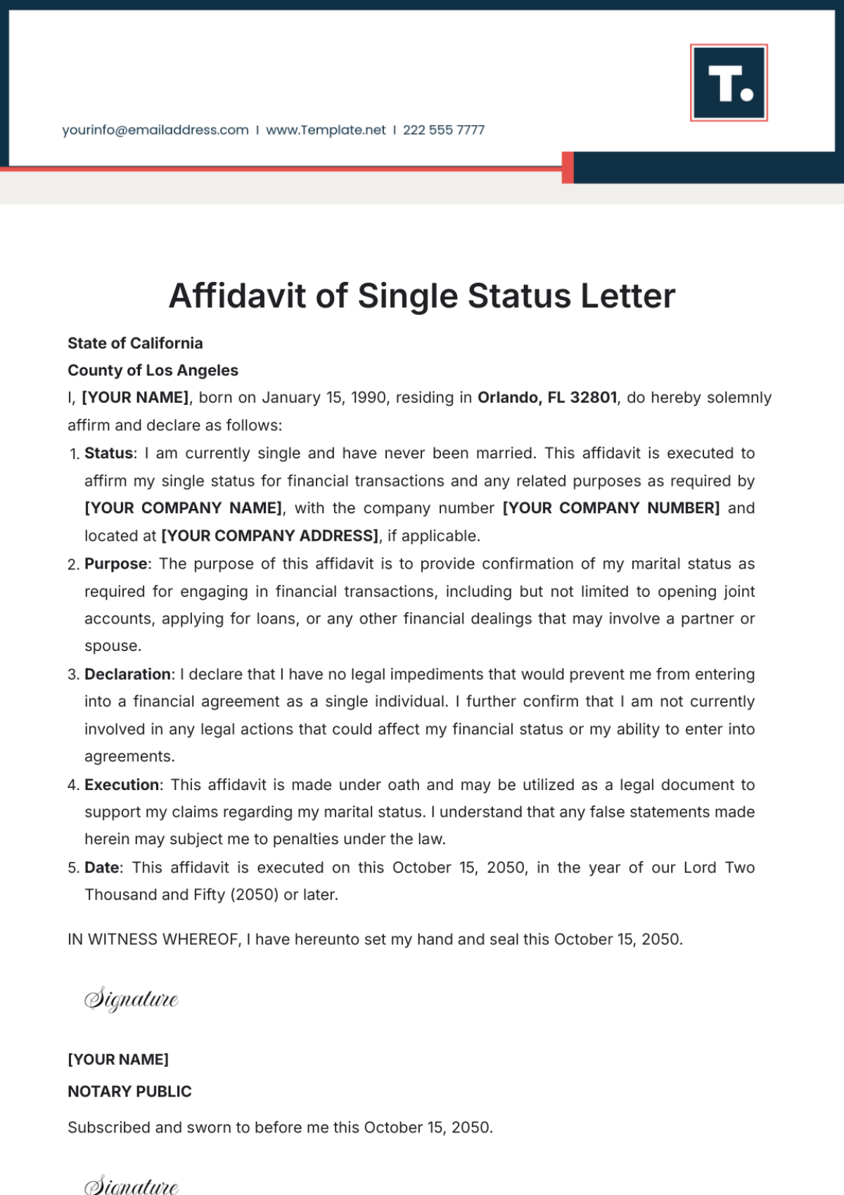 affidavit of single status template