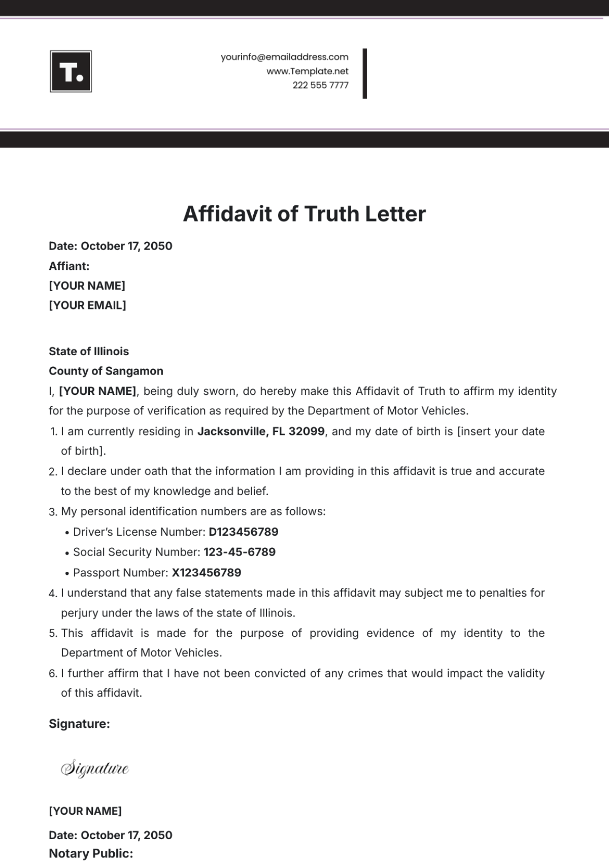 Free Affidavit Of Truth Letter Template To Edit Online