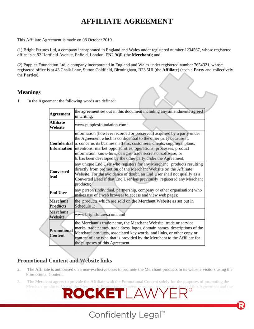 Free Affiliate Agreement Template FAQs Rocket Lawyer UK