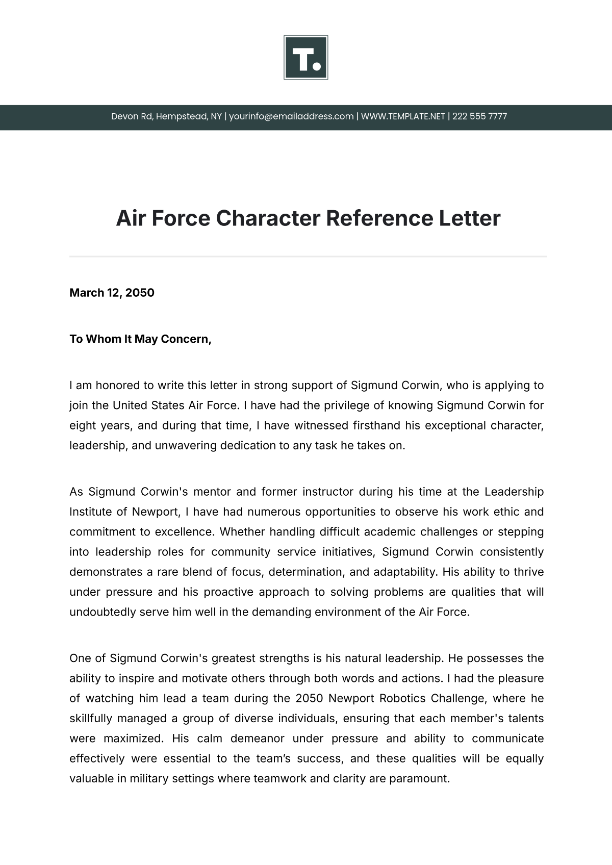 Free Air Force Character Reference Letter Template To Edit Online