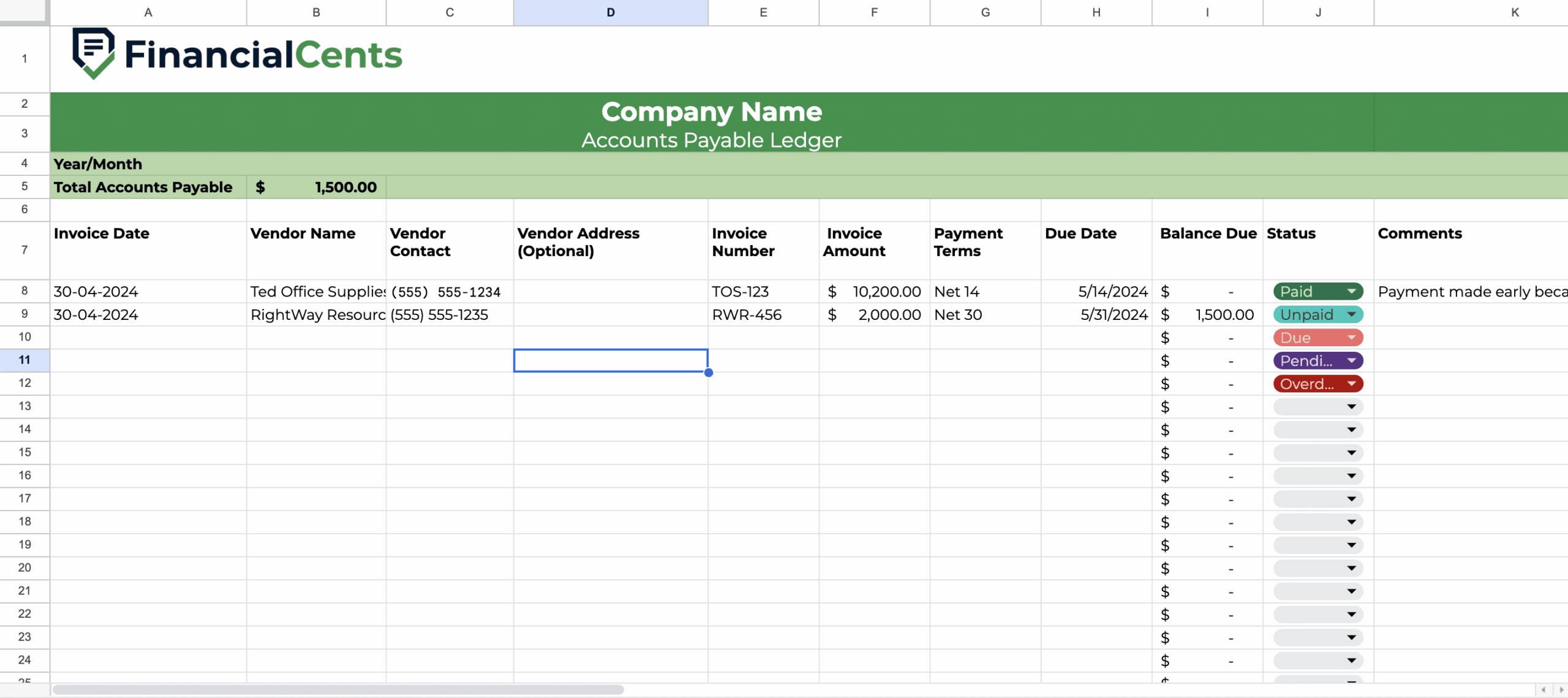 Free Comprehensive Accounts Payable Excel Template Google Sheets 