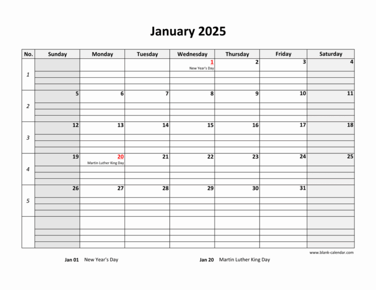 Free Download Printable Calendar 2025 Large Box Grid Space For Notes