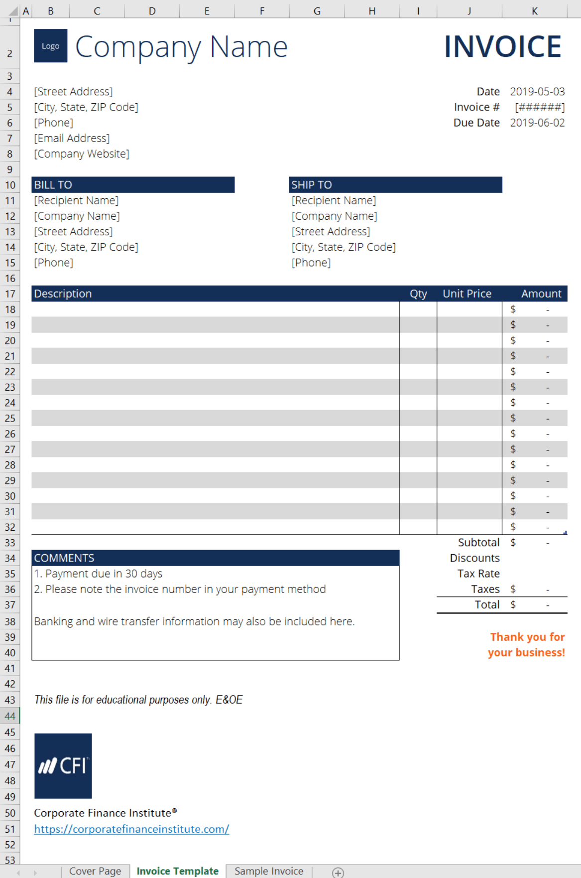 Free Excel Invoice Template Download Customize CFI