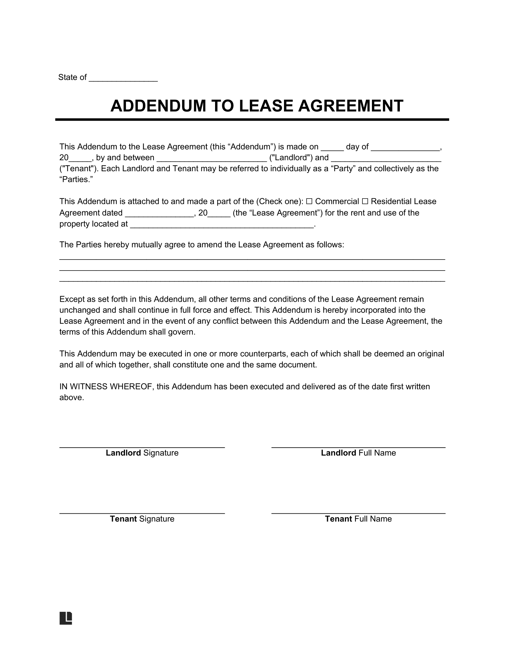 Free Lease Agreement Addendum Templates PDF Word