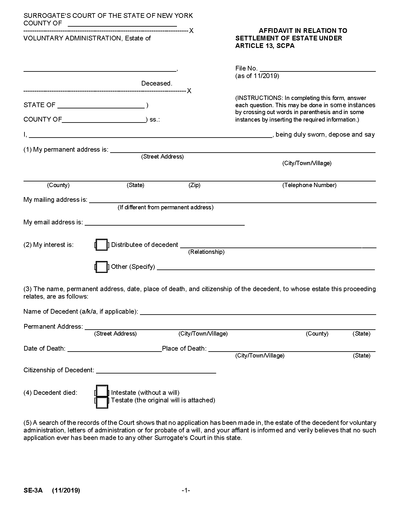 Free New York Small Estate Affidavit Form PDF