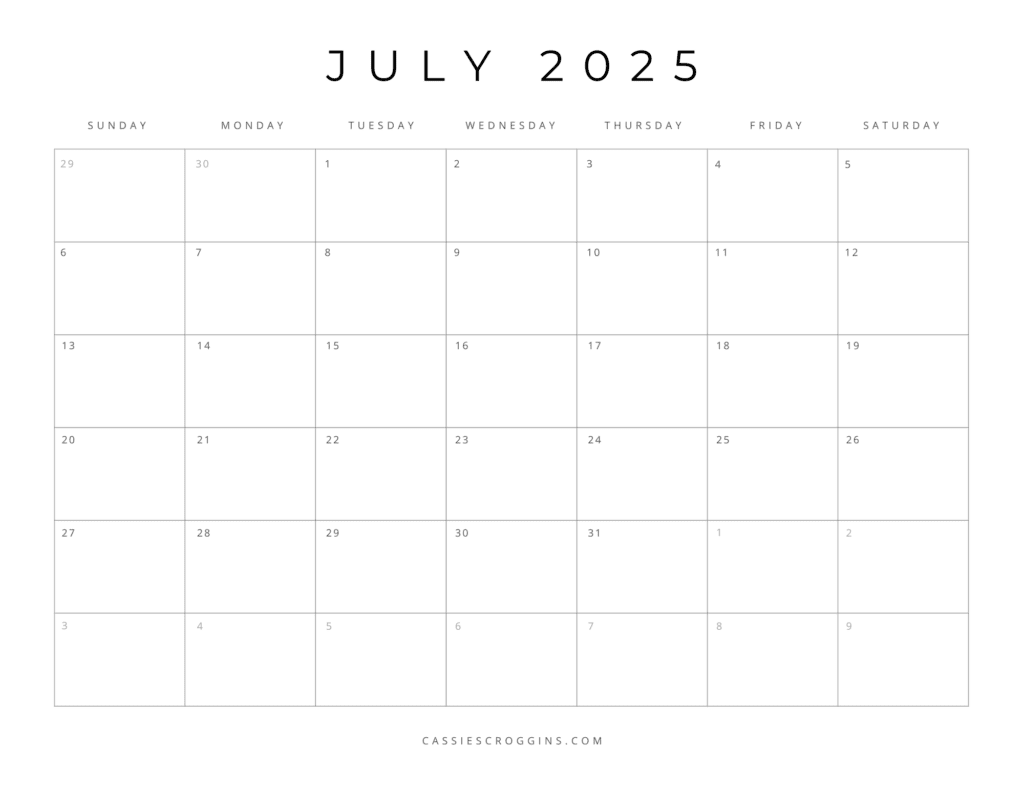 july blank calendar 2025 printable free