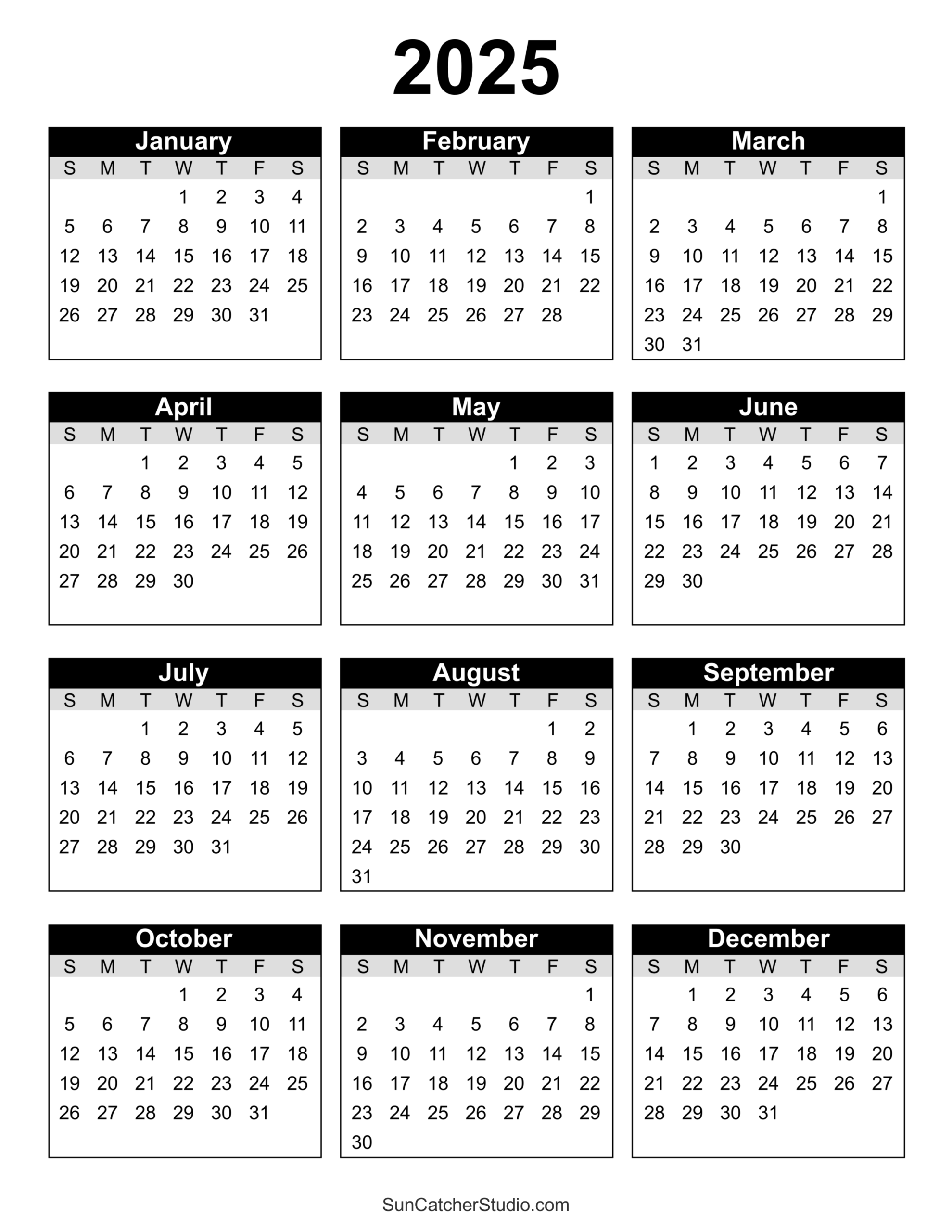 year 2025 calendar printable