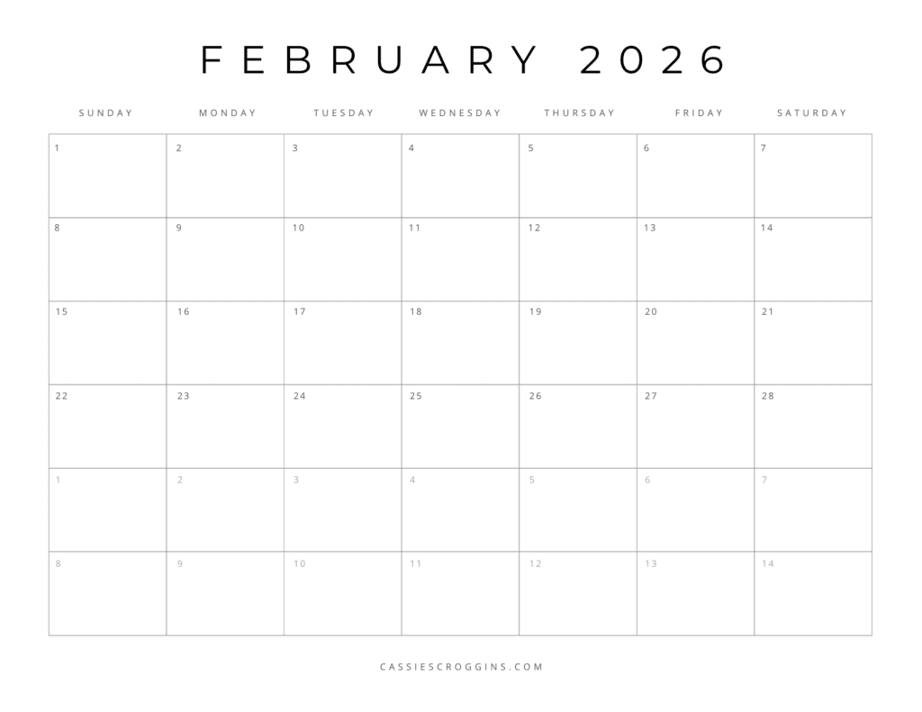blank calendar for february 2026