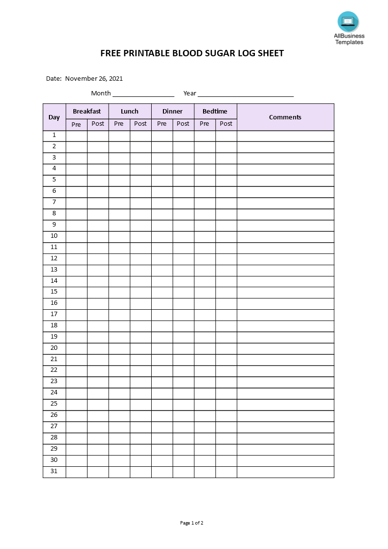 free printable blood sugar log sheet