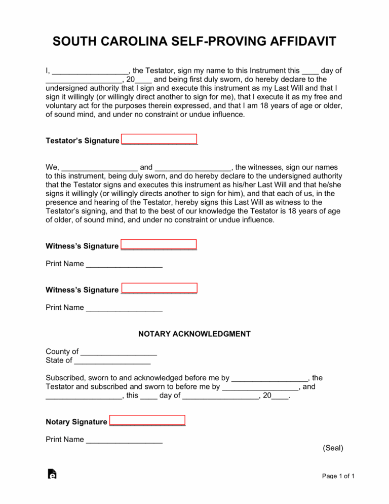 Free South Carolina Self Proving Affidavit Form PDF Word EForms