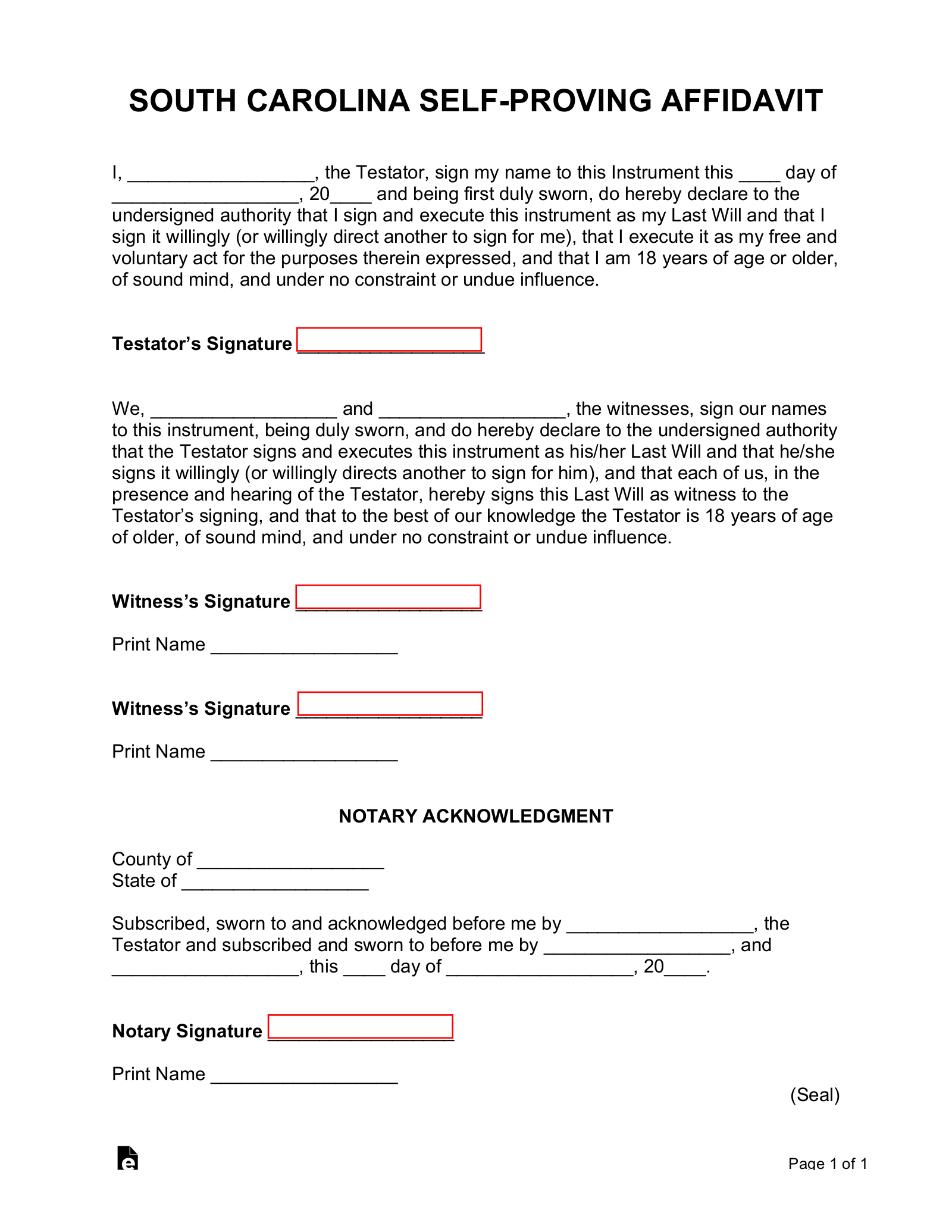 Free South Carolina Self Proving Affidavit Form PDF Word EForms