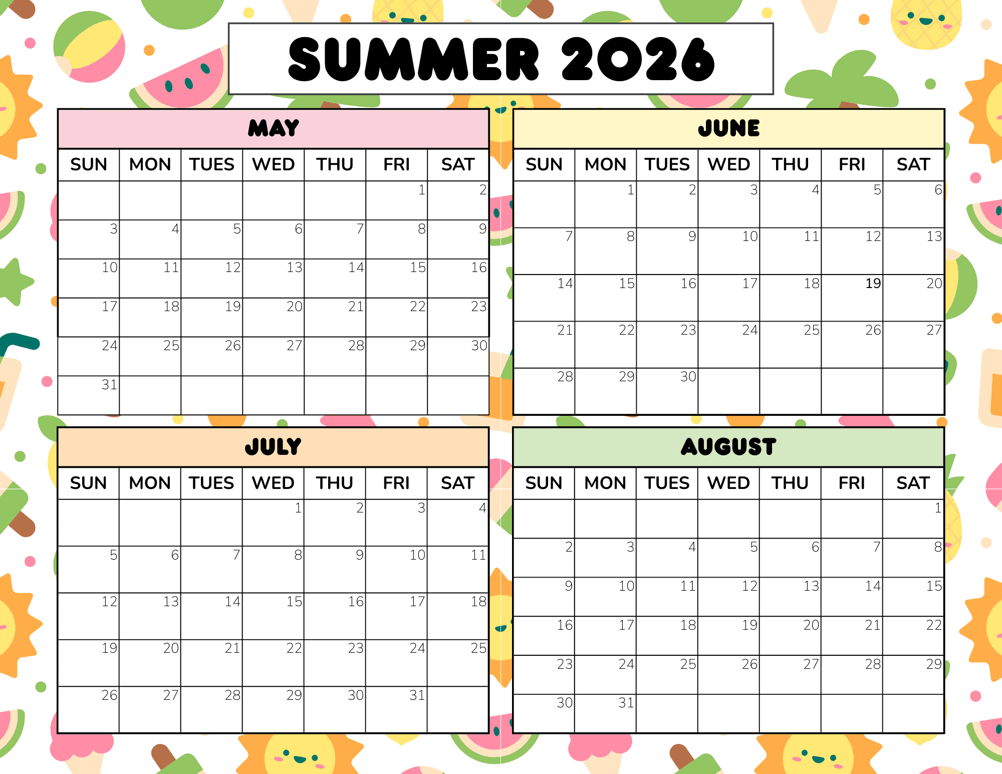 Free Summer Calendar Printable 2025 2026 PDF