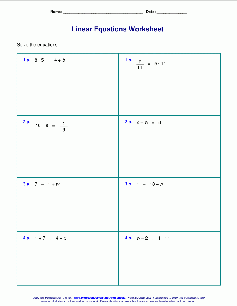 Free Worksheets For Linear Equations grades 6 9 Pre algebra Algebra 1  Free Worksheets For Linear Equations grades 6 9 Pre algebra Algebra 1