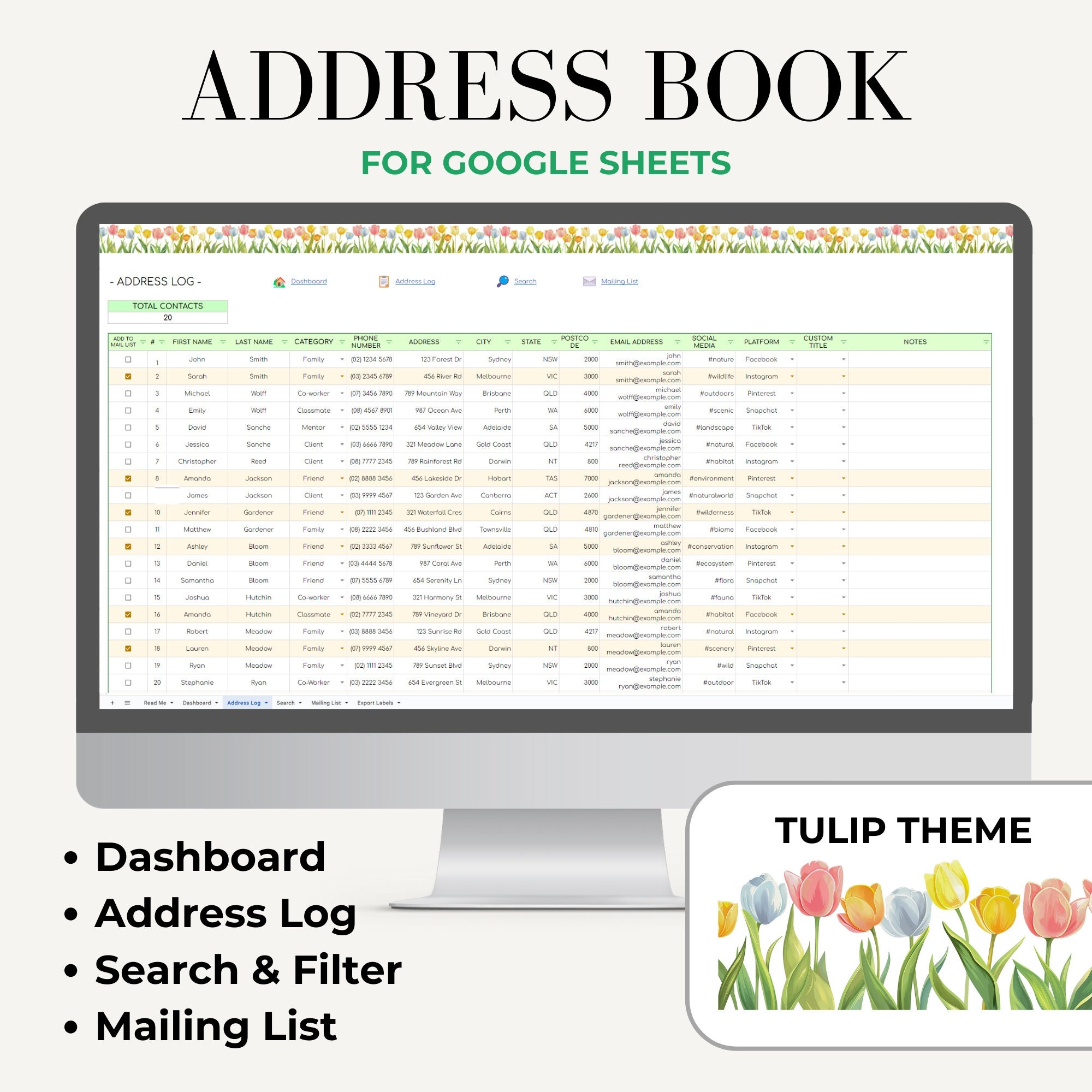 Google Sheets Address Book Contact List Template For Google Sheets Contact List Manager Digital Address Book Organiser Green Tulip Etsy