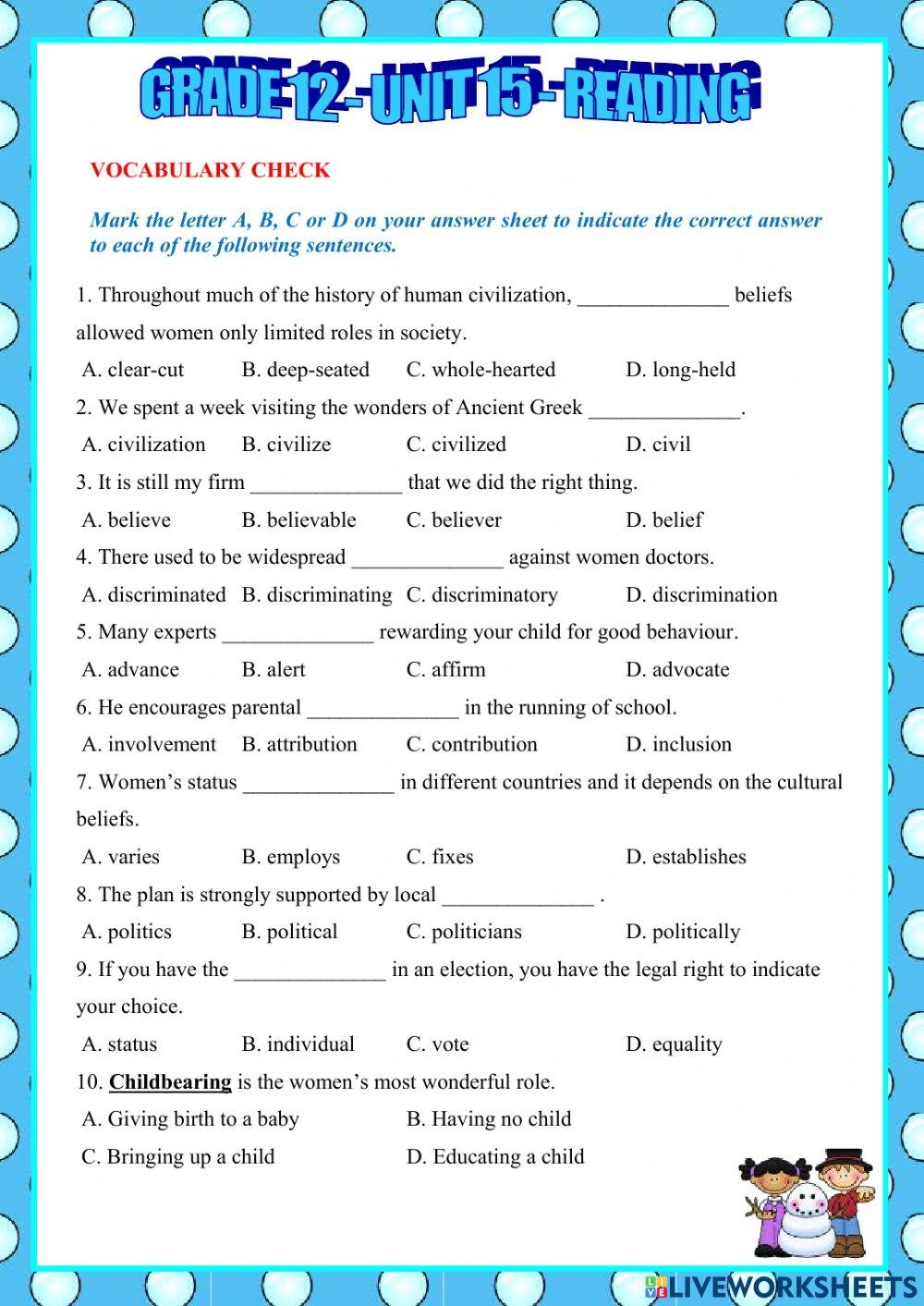 Grade 12 Unit 15 Reading Checking Vocabulary Worksheet Live Worksheets Library