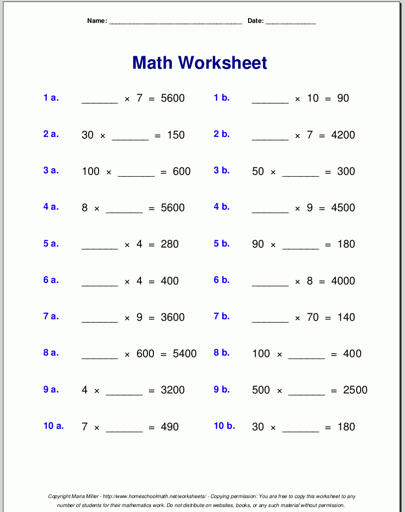 Grade 4 Multiplication Worksheets