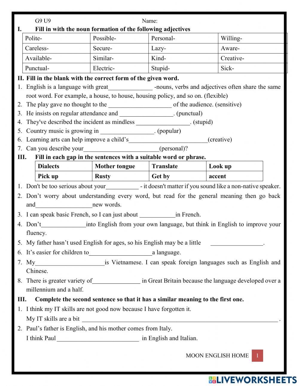 Grade 9 Unit 9 Language Worksheet Live Worksheets Worksheets Library