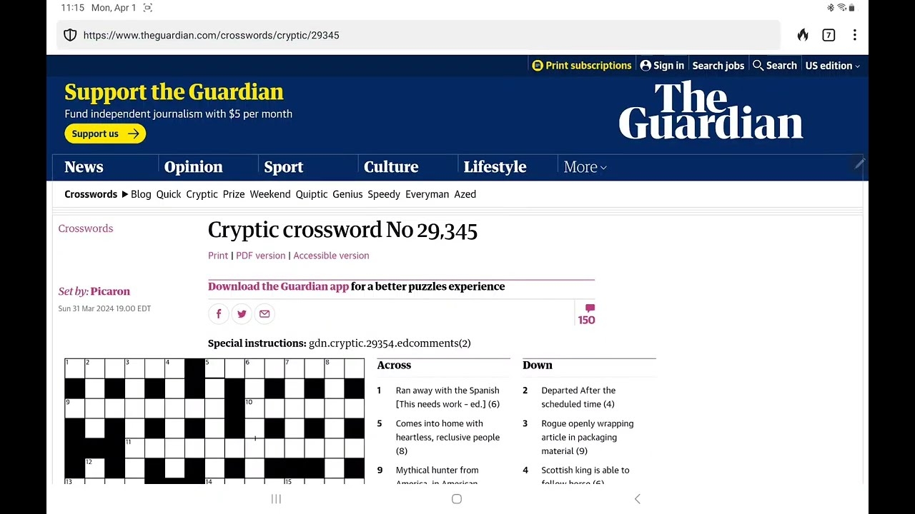 Guardian Cryptic Crossword Monday 1 April 2024 YouTube