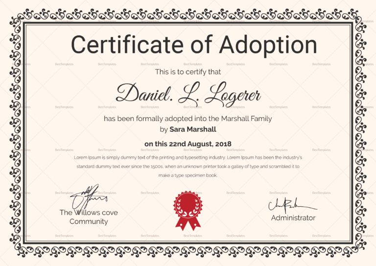 Happy Adoption Certificate Design Template In PSD Word