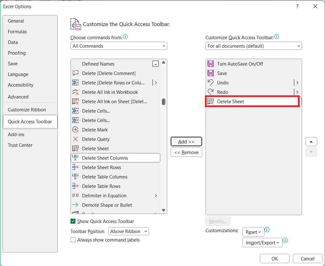 delete worksheet in excel shortcut
