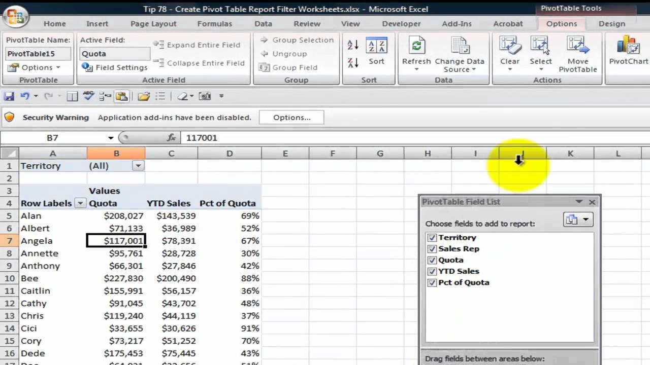 excel pivot table using multiple worksheets
