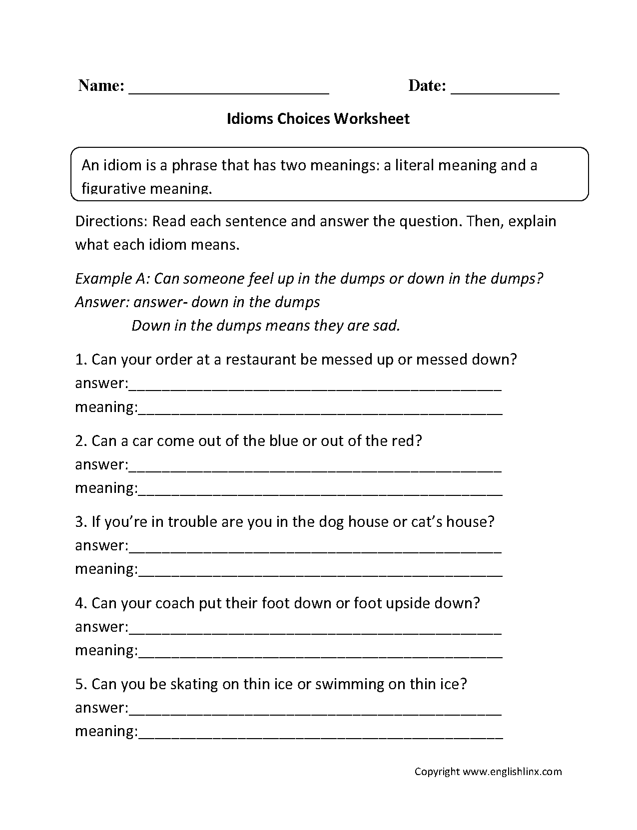 Idioms Worksheets Idioms Choices Worksheets Idioms Worksheets Idioms Choices Worksheets