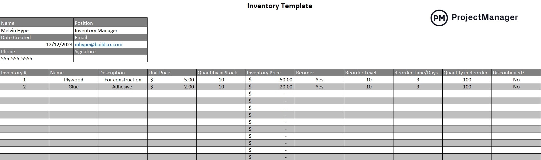inventory worksheet template excel