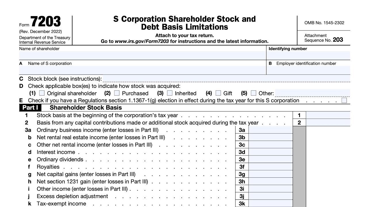 IRS Form 7203 Walkthrough S Corporation Shareholder Stock And Debt Basis Limitations YouTube